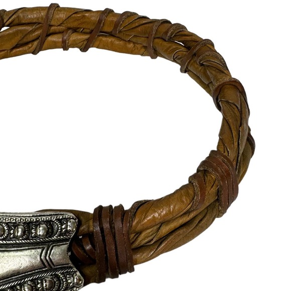 Vintage Leather Waist Belt One Size 31" Brown Twisted Ornate Buckle Unique Boho - Picture 3 of 7